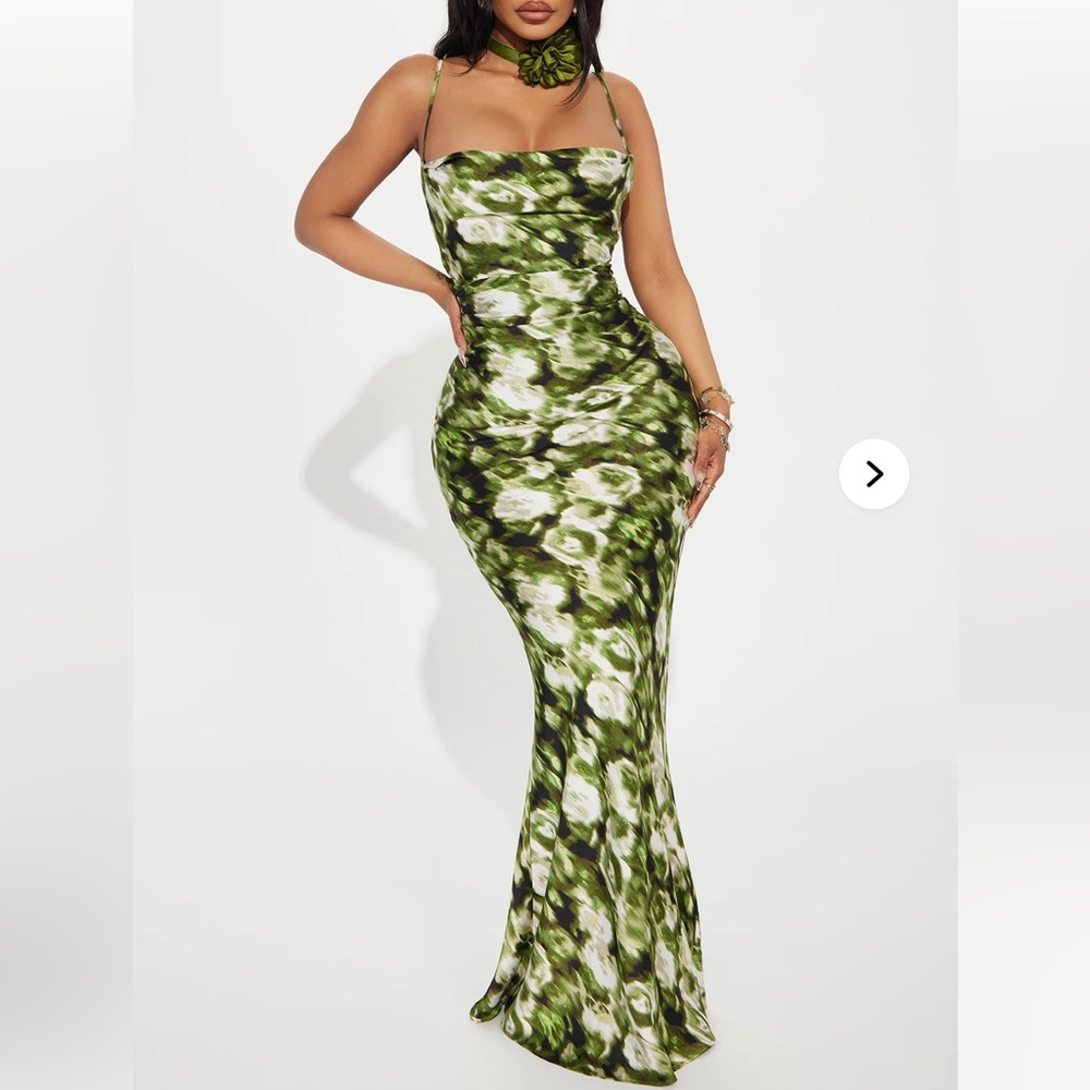 Fashion Nova Hot Date Satin Maxi Dress Olive Green